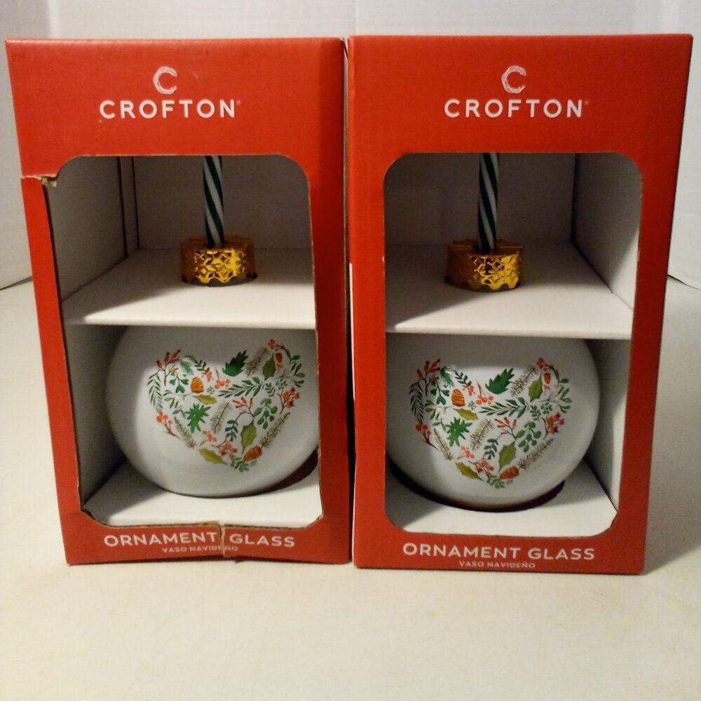Crofton Ornament Glass Drinking Cup With Straw Christmas Holiday Lot of 2